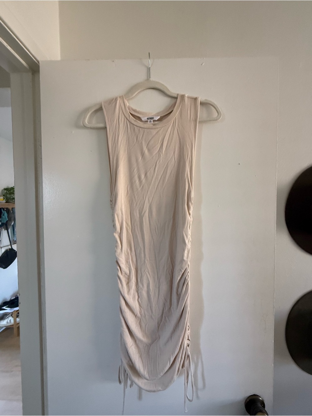 BB Dakota Sleeveless Ruched Midi Dress in Light Beige